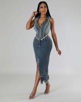 FRAYED AND FITTED DENIM TWO PIECE SKIRT SET