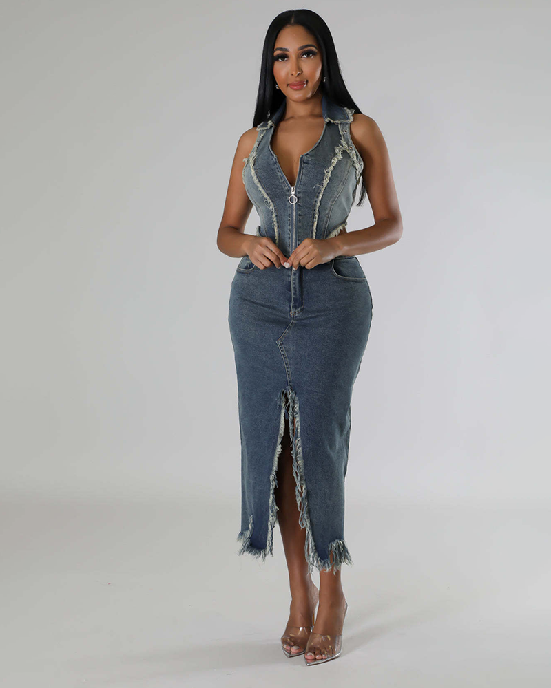 FRAYED AND FITTED DENIM TWO PIECE SKIRT SET