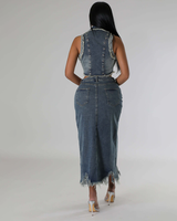 FRAYED AND FITTED DENIM TWO PIECE SKIRT SET