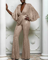 Shiny Sequin Flare Leg Jumpsuit