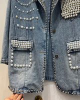 Demi Denim Pearls and Rhinestone Blazer