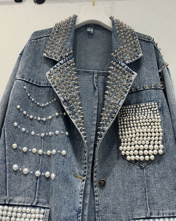 Demi Denim Pearls and Rhinestone Blazer