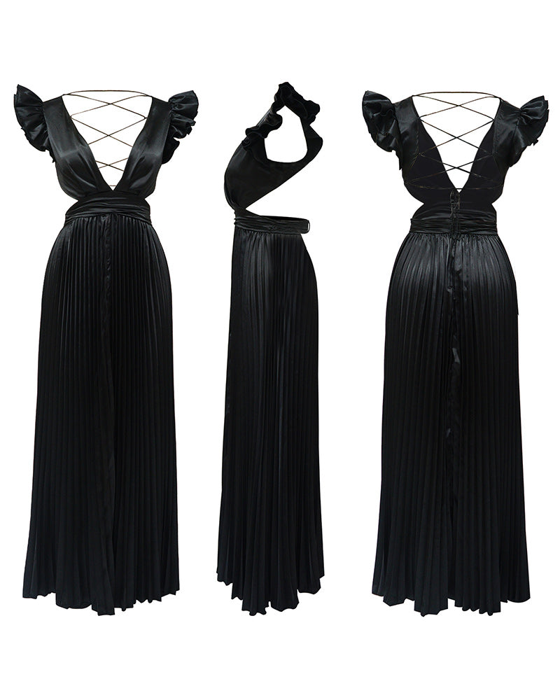 Sexy Backless Pleated Maxi Dress