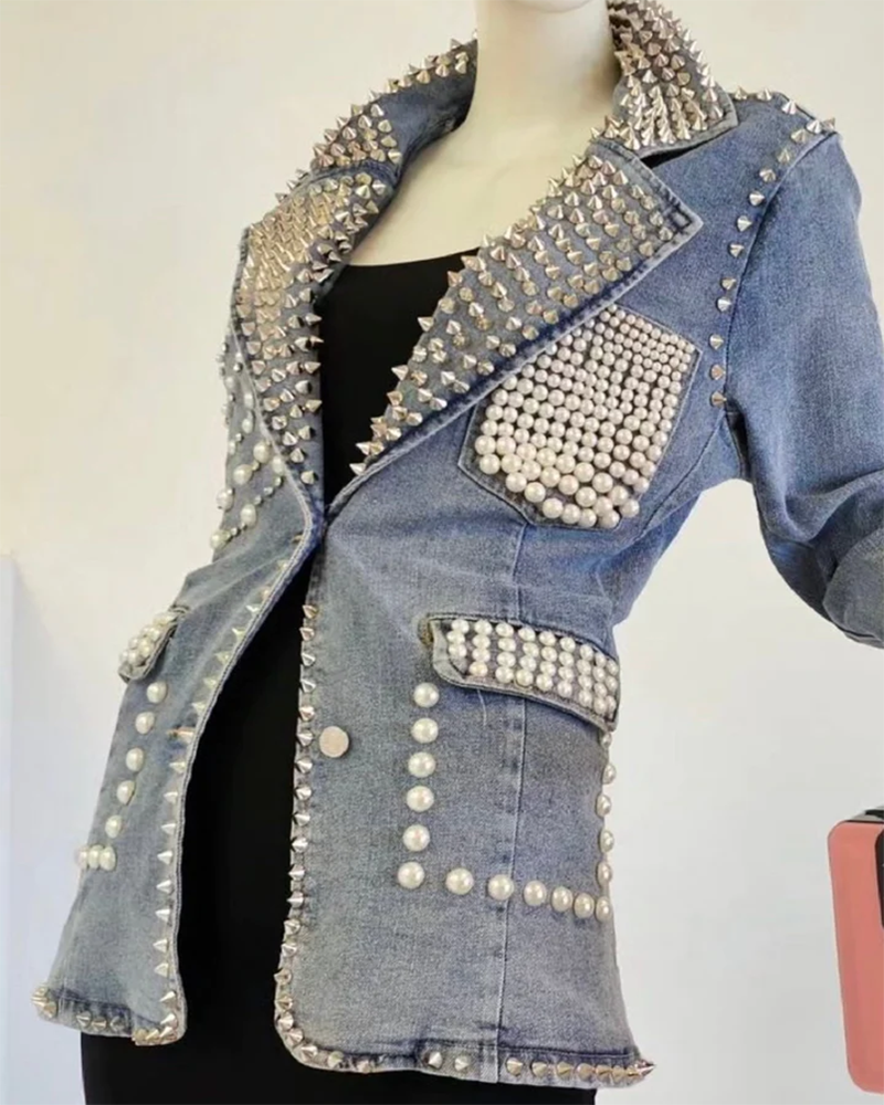 Demi Denim Pearls and Rhinestone Blazer